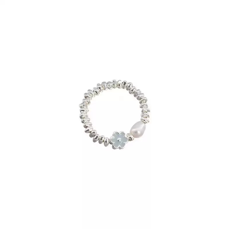 【浪漫氣質】藍色滴釉花朵珍珠戒指 | S925鍍銀開口設計