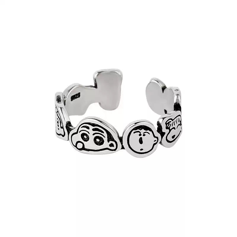 🦄 【蠟筆小新童趣銀戒】S925純銀復古做舊開口戒指