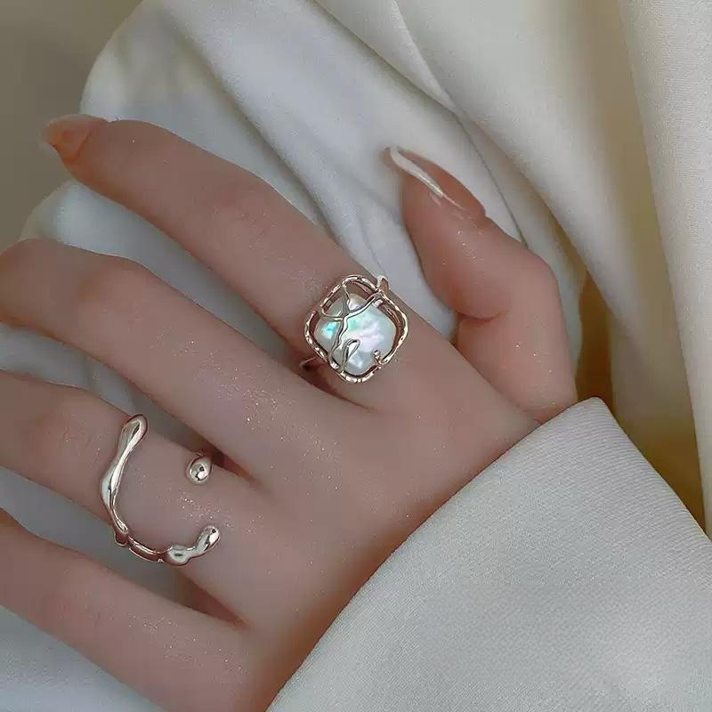 復古珍珠 戒指 水滴開口指環 小眾設計氣質食指戒 潮人必備