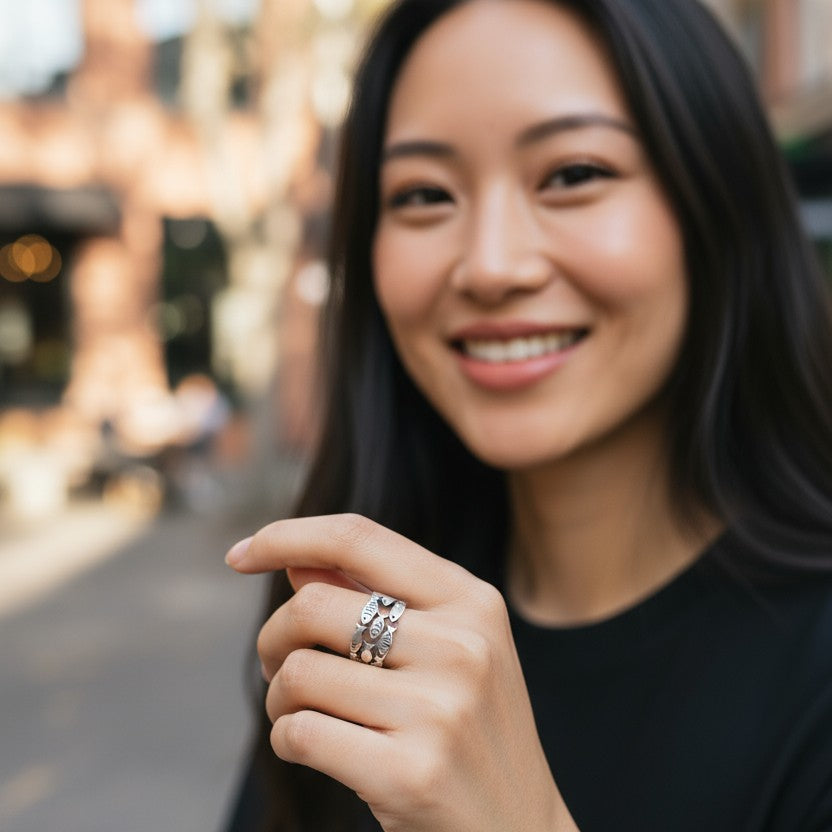 三層小魚泰銀開口戒指 - 獨特層次設計｜可調節尺寸｜