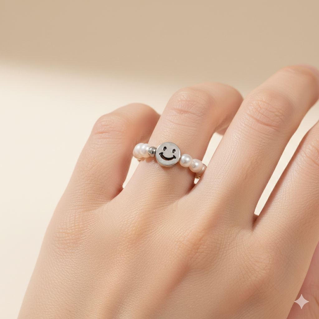 復古珍珠笑臉彈性戒指 — 韓系氣質款