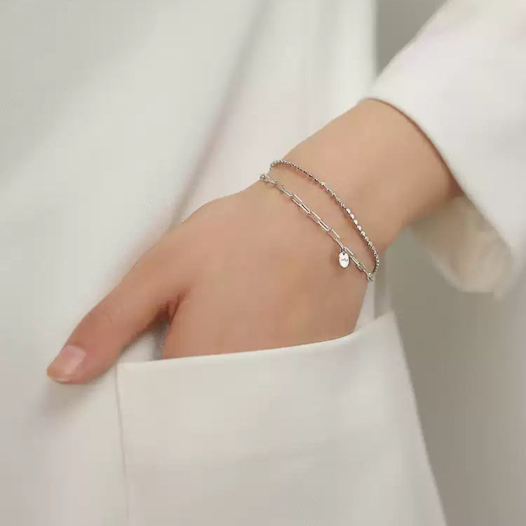 🪐 【Lucky雙層圓牌銀手鍊】S925純銀冷淡風幸運飾品