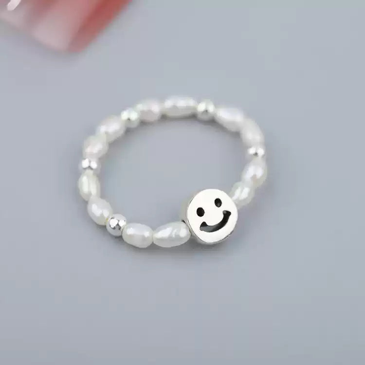 復古珍珠笑臉彈性戒指 — 韓系氣質款