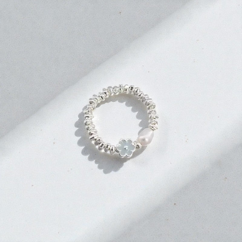 【浪漫氣質】藍色滴釉花朵珍珠戒指 | S925鍍銀開口設計