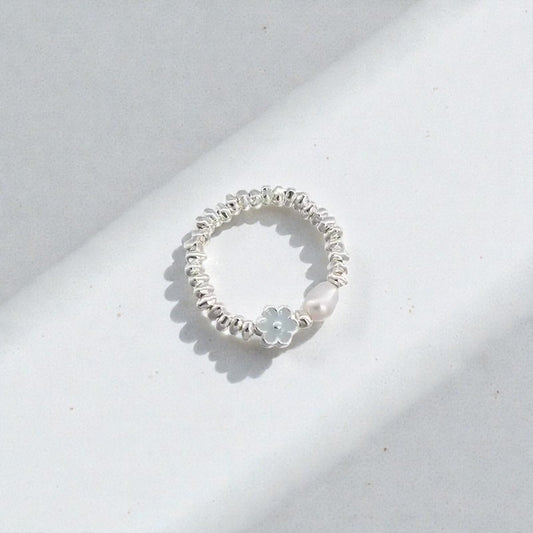 【浪漫氣質】藍色滴釉花朵珍珠戒指 | S925鍍銀開口設計