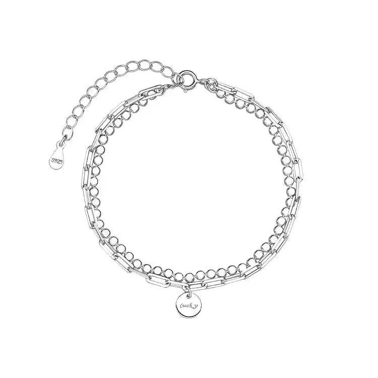 🪐 【Lucky雙層圓牌銀手鍊】S925純銀冷淡風幸運飾品