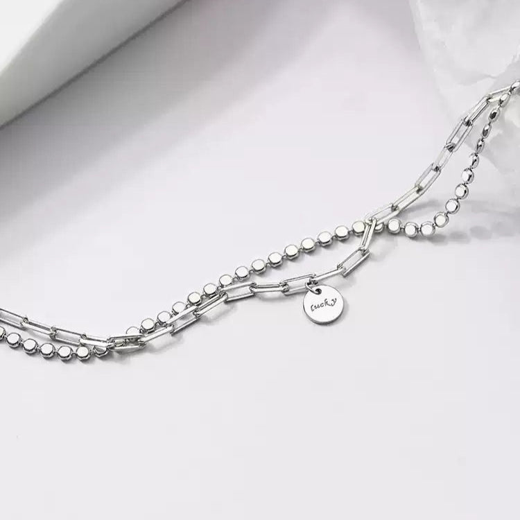 🪐 【Lucky雙層圓牌銀手鍊】S925純銀冷淡風幸運飾品