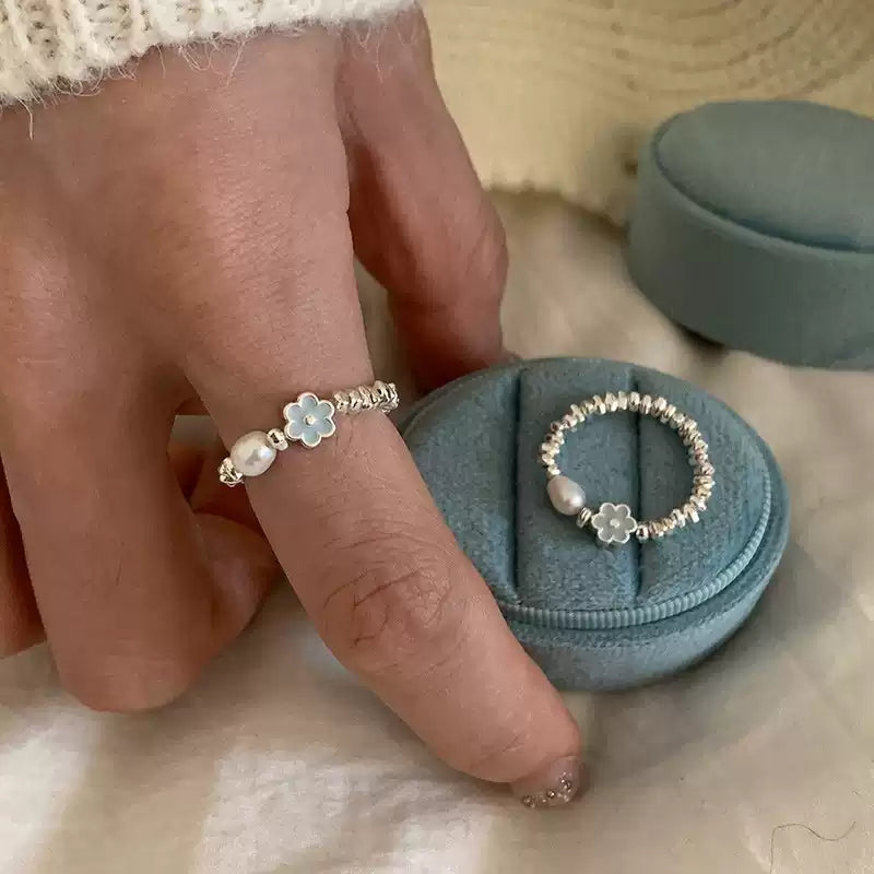 【浪漫氣質】藍色滴釉花朵珍珠戒指 | S925鍍銀開口設計