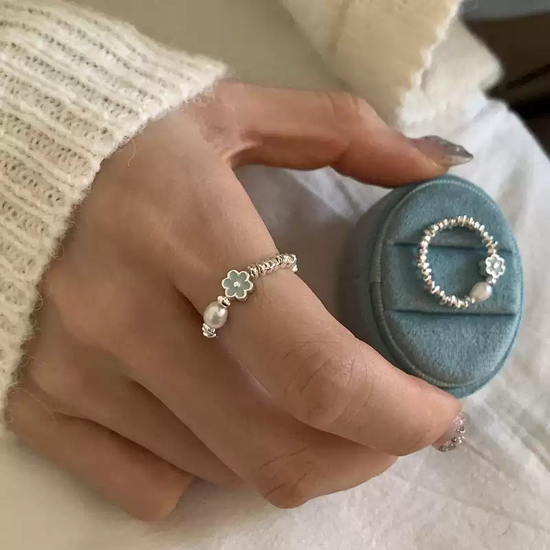 【浪漫氣質】藍色滴釉花朵珍珠戒指 | S925鍍銀開口設計