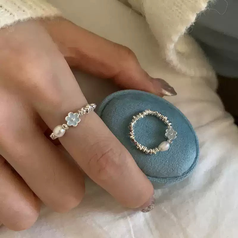 【浪漫氣質】藍色滴釉花朵珍珠戒指 | S925鍍銀開口設計