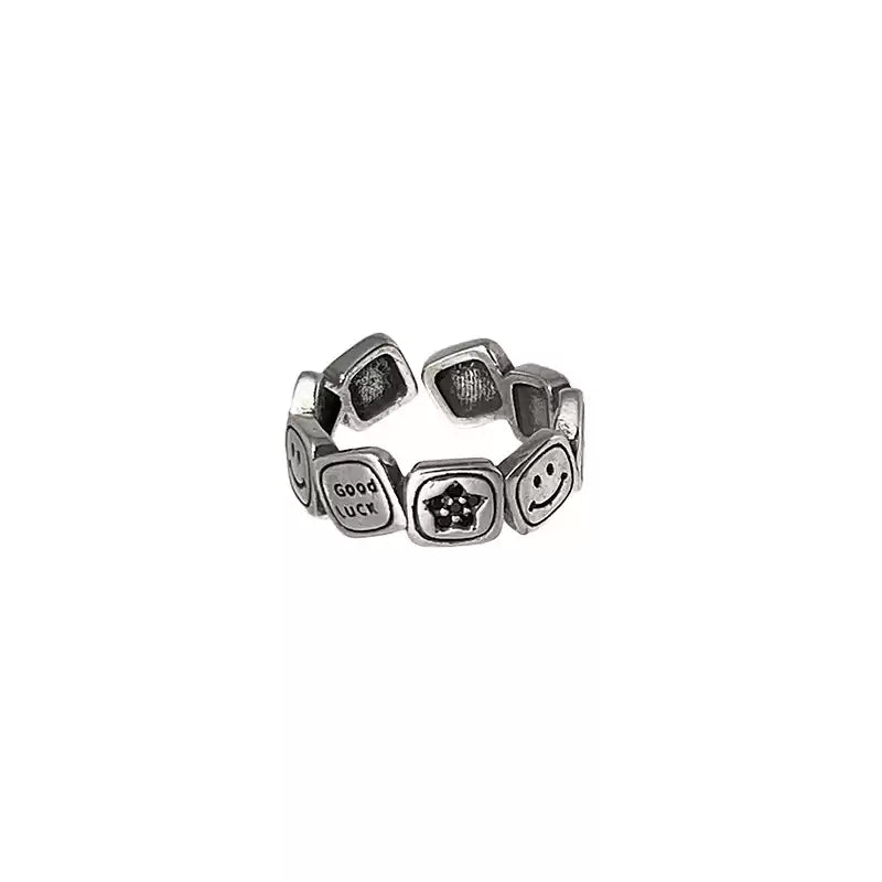 【甜酷疊戴風】方塊星星笑臉戒指女 字母微笑開口指環 氣質設計食指戒 潮人必備