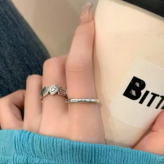 【甜酷疊戴風】方塊星星笑臉戒指女 字母微笑開口指環 氣質設計食指戒 潮人必備