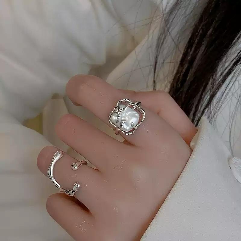 復古珍珠 戒指 水滴開口指環 小眾設計氣質食指戒 潮人必備