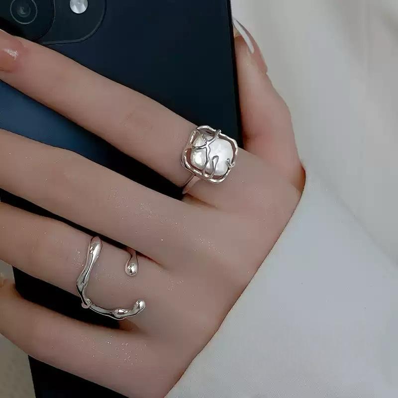 復古珍珠 戒指 水滴開口指環 小眾設計氣質食指戒 潮人必備