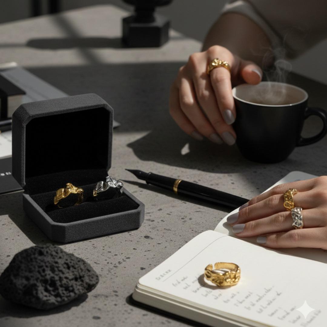 熔岩不規則褶皺戒指 - 金銀雙色工業冷淡風