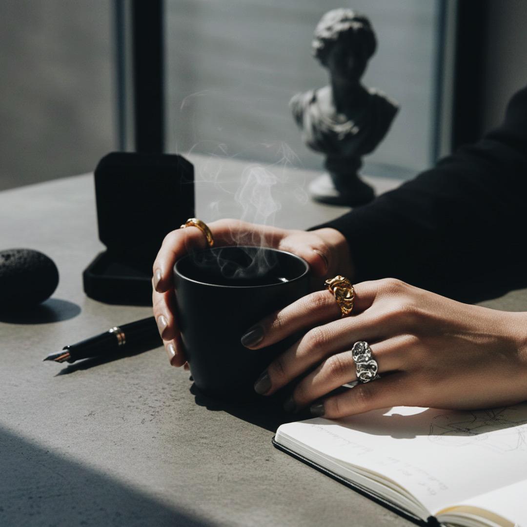 熔岩不規則褶皺戒指 - 金銀雙色工業冷淡風