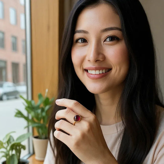 【閃耀迷人】半圓紅鋯石開口戒指 - 精緻鋯石點綴｜可調節指環｜